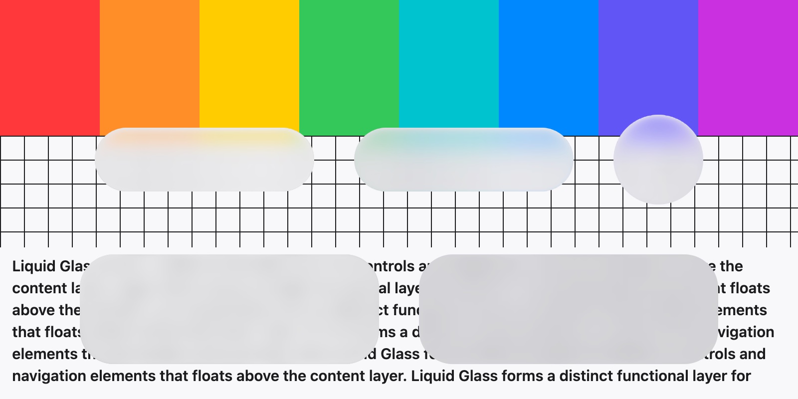 amazing-glass render of five glass shapes over a colour test card